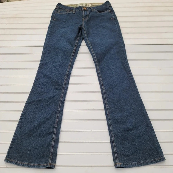 AUTHENTIC 579 JEANSWEAR BOOTCUT Dark Blue Embroidered Pocket Flare Juniors Sz 9 - Picture 1 of 10